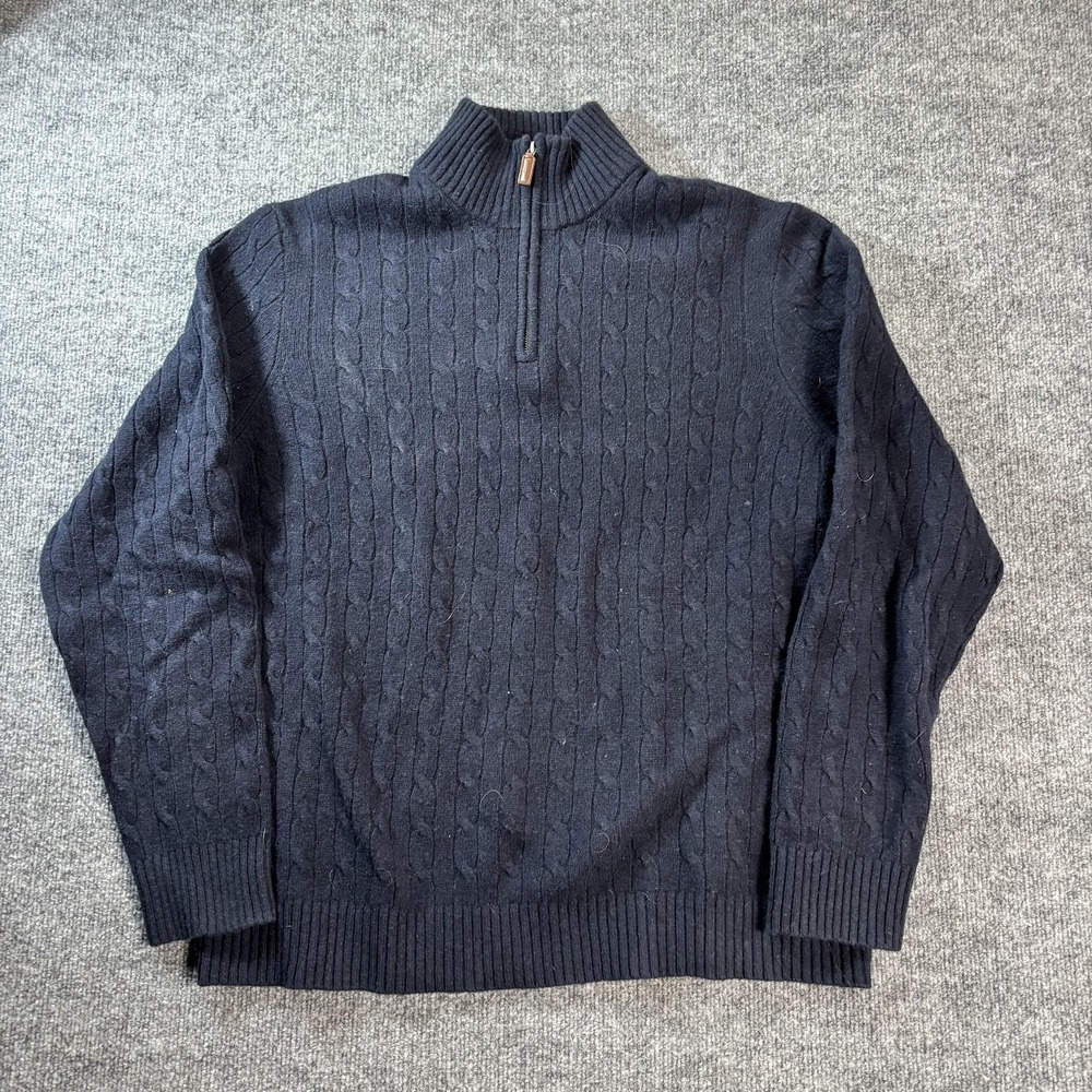 J.Crew Sweater Mens XL Blue Lambswool Cable Knit 1/4 Zip Mock Neck Pullover